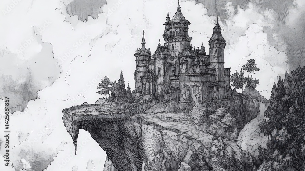 A detailed ink illustration of an enchanted castle, surrounded by a mysterious mist A detailed ink illustration of an enchanted castle, surrounded by a mysterious mist