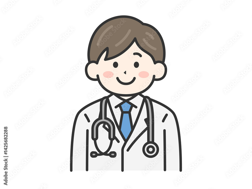 白衣を着て聴診器をつけた、男性医師(線画カラー)のイラスト 白衣を着て聴診器をつけた、男性医師(線画カラー)のイラスト