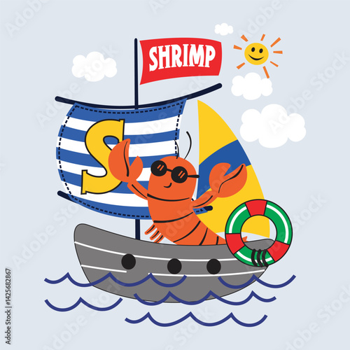 shrimp sailing with ship across the ocean,vector cartoon illustration