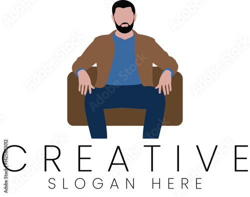 Stylish Man Sitting Brown Chair Creative Logo Design blue icon flat calm pose male beard  