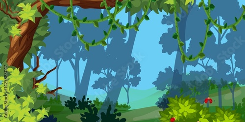 Lush Jungle Scene with Vibrant Colors and Silhouettes