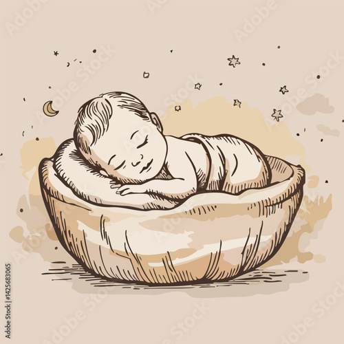 Charming hand-drawn illustration of a peaceful sleeping baby nestled in a nutshell with stars and a moon on a light brown background. Perfect for nursery art or baby-themed designs
