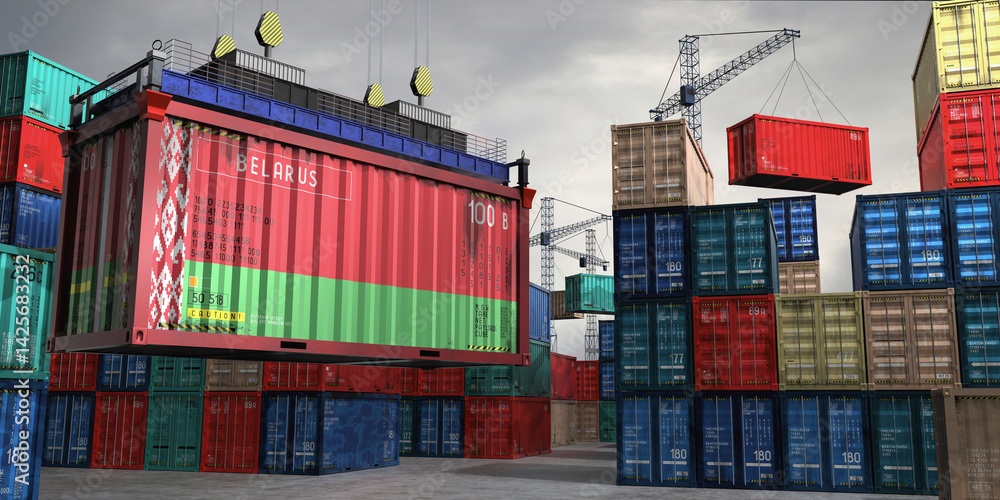 Fototapeta premium Cargo container with flag of Belarus lifted by crane at freight terminal - 3D illustration