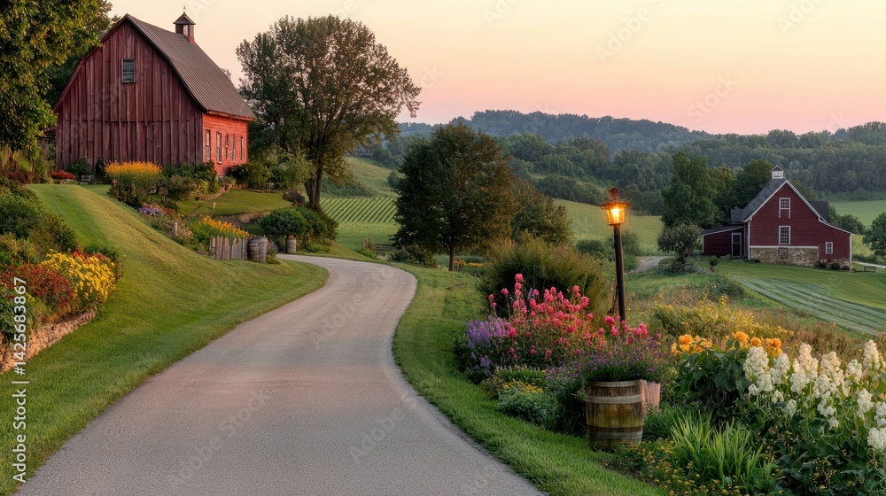 Fototapeta premium Picturesque country road with beautiful flowers near red barns