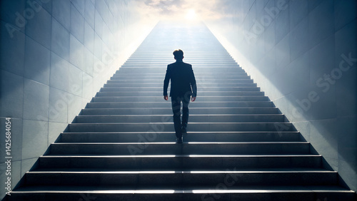 Solopreneur Business Freelance Independent A silhouette of a man ascending a stairway towards light, symbolizing ambition and progress.