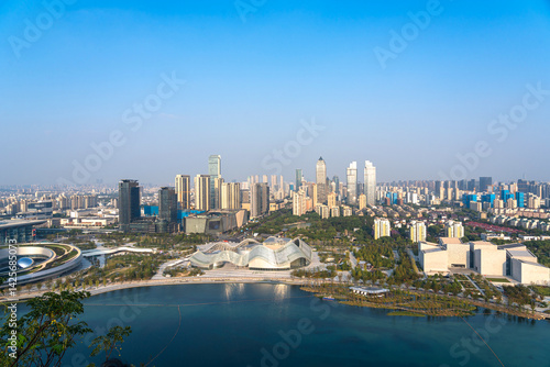 Stunning Aerial View of a Modern City Skyline with Beautiful Architecture and Water Features