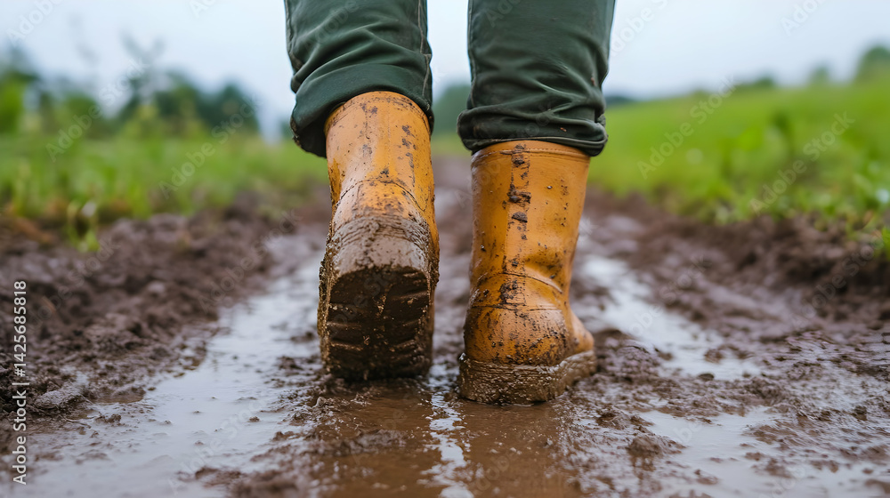 Walking through muddy puddle with yellow rubber boots in rural area Walking through muddy puddle with yellow rubber boots in rural area