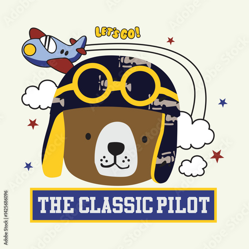bear becomes a classic airplane pilot there is an airplane next to him, cartoon illustration