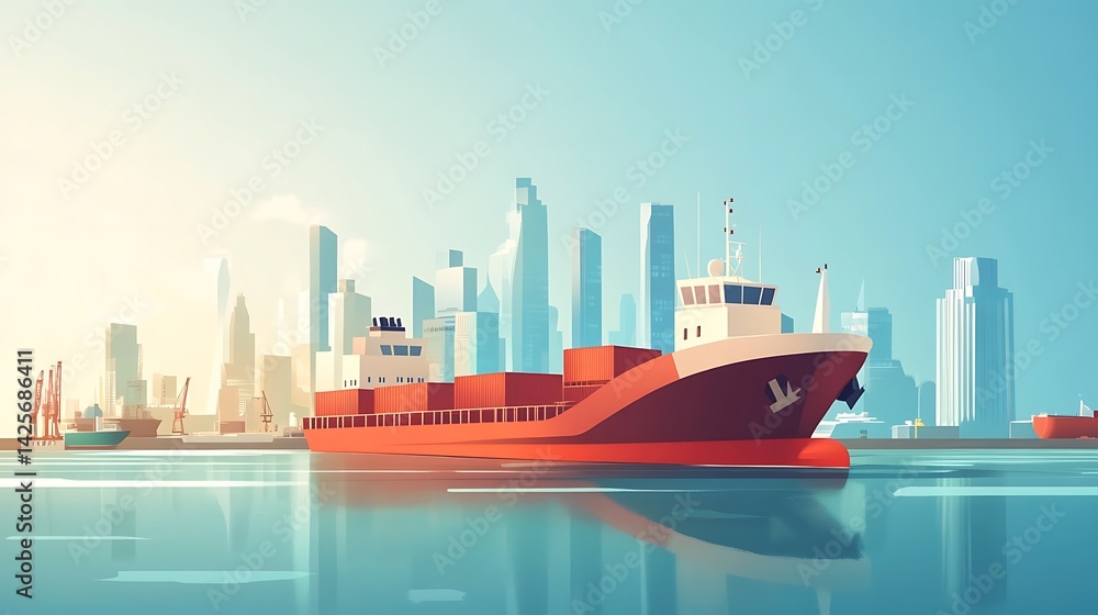 Fototapeta premium Cargo Ship City Harbor Sunrise.
