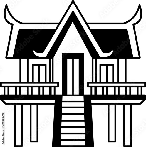 black and white single icon of Thai temple monk hut