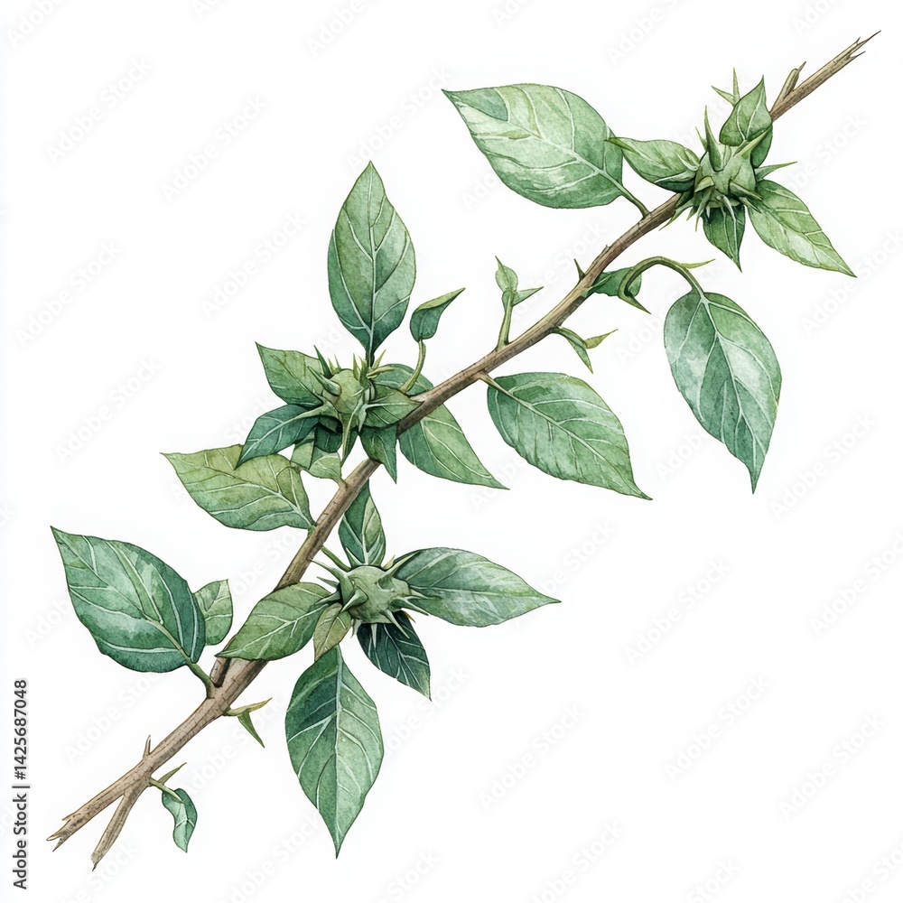 Fototapeta premium Green Leafy Branch with Buds on a White Background