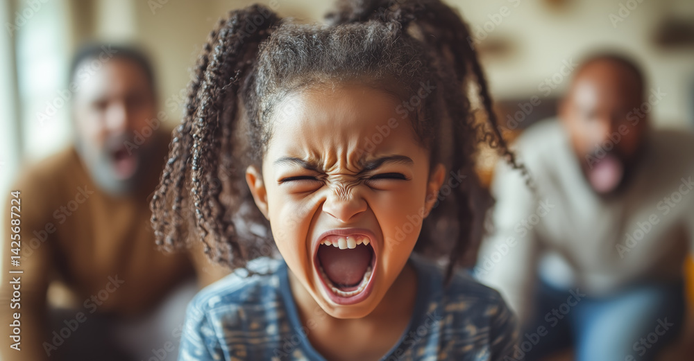A child cries while parents argue in the background. The crying child highlights the emotional pain and turmoil caused by parental arguments. Generative AI. A child cries while parents argue in the background. The crying child highlights the emotional pain and turmoil caused by parental arguments. Generative AI.
