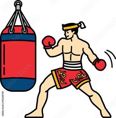 Muay Thai boxer punching a boxing sandbag