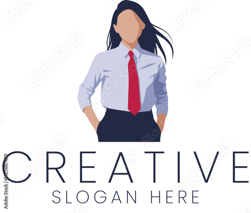Stylish Businesswoman Logo Design Modern Minimalist Vector Red Tie Work Blue Flat Icon    