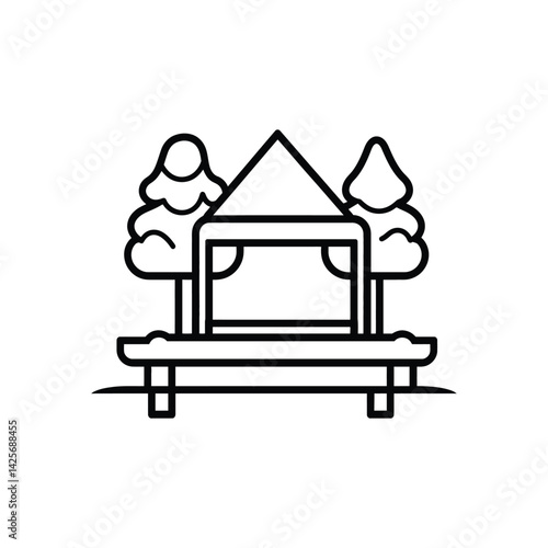 Outline Birdhouse Trees on Bench Icon with Transparent Background