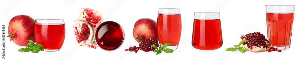 Tasty pomegranate juice on white background, collage Tasty pomegranate juice on white background, collage