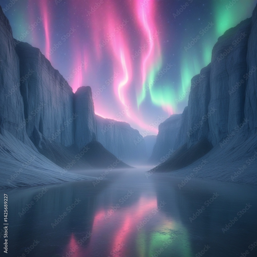 Polished marble cliffs reflecting a neon aurora in a quiet valley. |Beautiful realistic desktop background| Polished marble cliffs reflecting a neon aurora in a quiet valley. |Beautiful realistic desktop background|