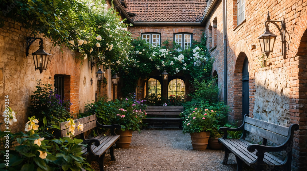 Obraz premium overgrown vintage garden with red bricks wooden bleacher old bench and traditional structures surrounded by natural green plant landscape premium image europe urban beauty