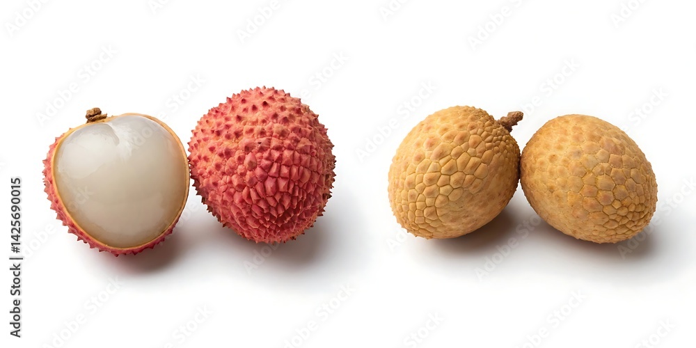 Fresh lychee fruits, whole and cut, isolated on white background Fresh lychee fruits, whole and cut, isolated on white background