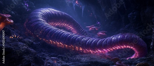 Luminous worm in dark fantasy cave with glowing purple mushrooms, fantasy concept.