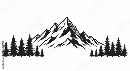 minimalist mountain range silhouette with evergreen trees for graphic design


