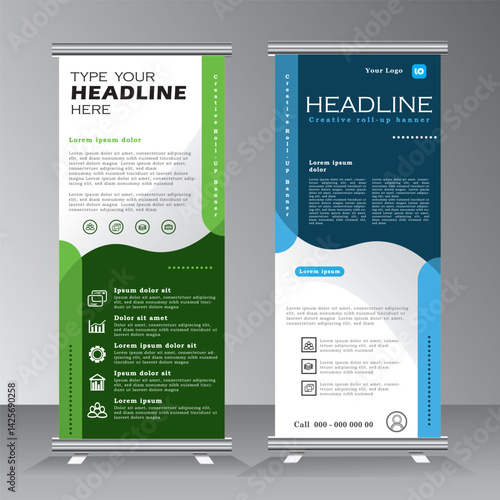 roll up banner template design for business, modern x-banner with  green and blue, vertical standees banner advertising. roll up vector banner template illustration
