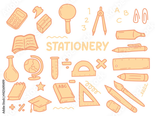 Set of icons with Stationery theme. With doodle style. For layout, website, graphic design.