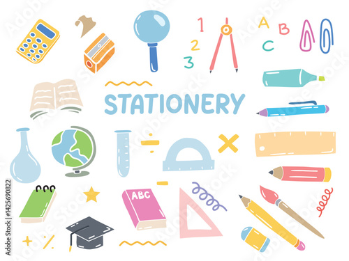Set of icons with Stationery theme. With doodle style. For layout, website, graphic design.