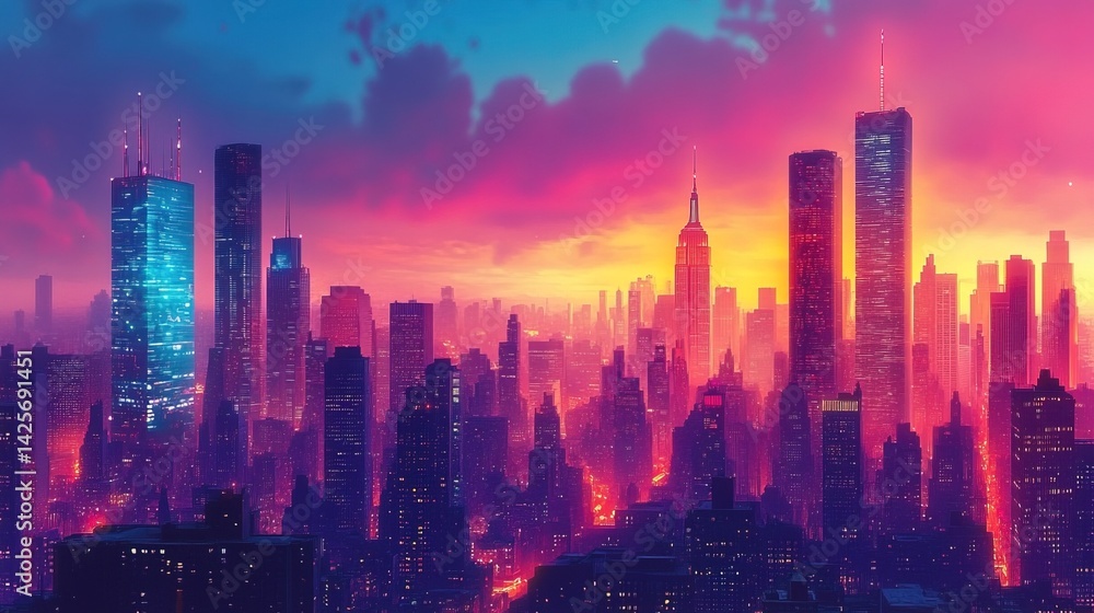 Fototapeta premium Neon Cityscape at Sunset