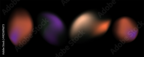 Y2K inspired color transition gradient shape set. Blurred brown, violet fuzz gradient background. Abstract fluid vector illustration isolated on black. Holographic blur iridescent color gradation