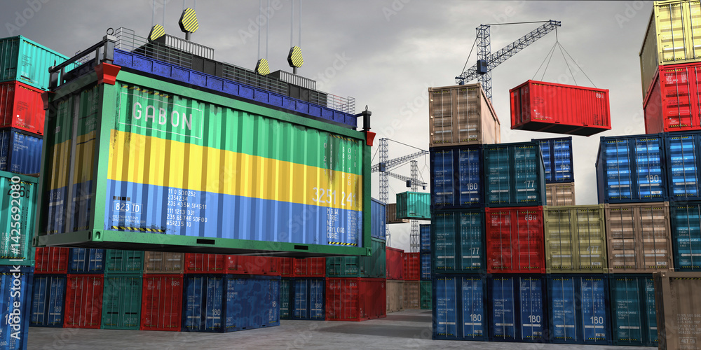 Fototapeta premium Cargo container with flag of Gabon lifted by crane at freight terminal - 3D illustration