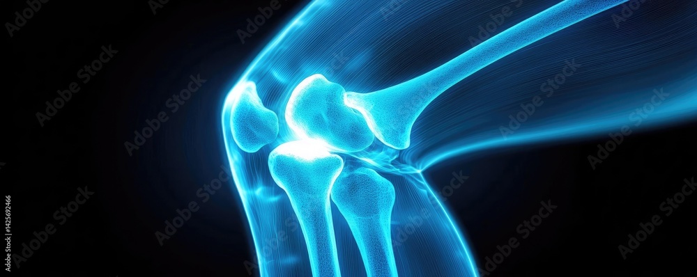 Naklejka premium X-ray of knee joint advanced medical treatment concept. A close-up of an illuminated knee joint in a dark background.