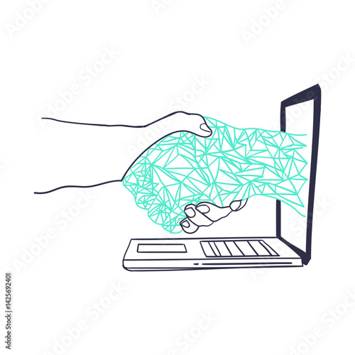 Human Hand Shaking With Digital Hand Line Art Cartoon Vector Illustration Design