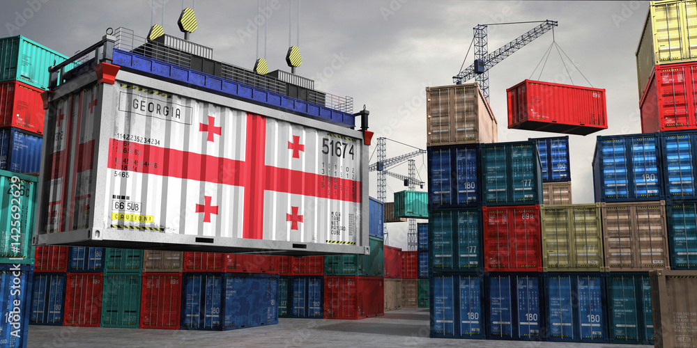 Fototapeta premium Cargo container with flag of Georgia lifted by crane at freight terminal - 3D illustration