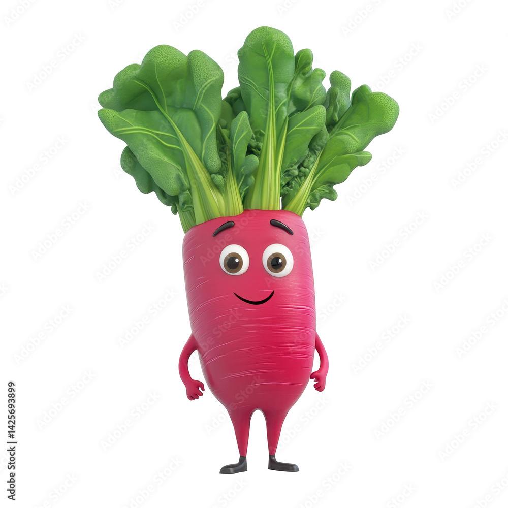 Happy cartoon vegetable character in vibrant pink shade with leafy green tops
