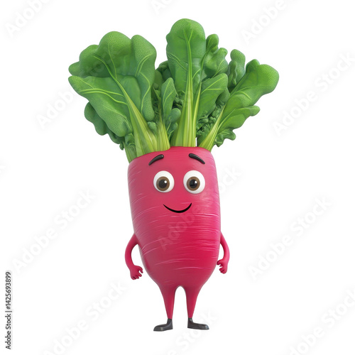 Obraz na płótnie Happy cartoon vegetable character in vibrant pink shade with leafy green tops w salonie