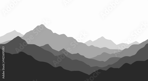 detailed alpine mountain scene with evergreen forest in monochrome vector style

