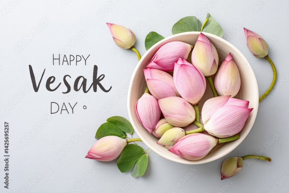 Fresh Lotus Buds Celebrate Vesak Day With Handwritten Greetings and Green Leaves in a Minimalist Setting
