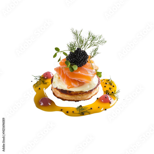 A gourmet dish featuring smoked salmon layered atop a savory pancake, adorned with caviar and garnished with fresh herbs.