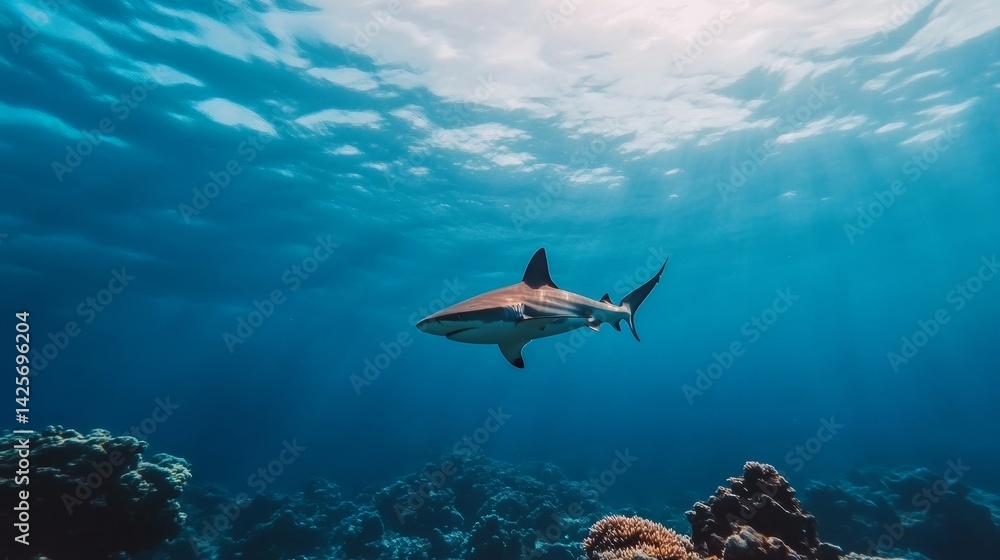Obraz premium The coexistence of sharks and cleaner fish, a glimpse into mutualism in the ocean,