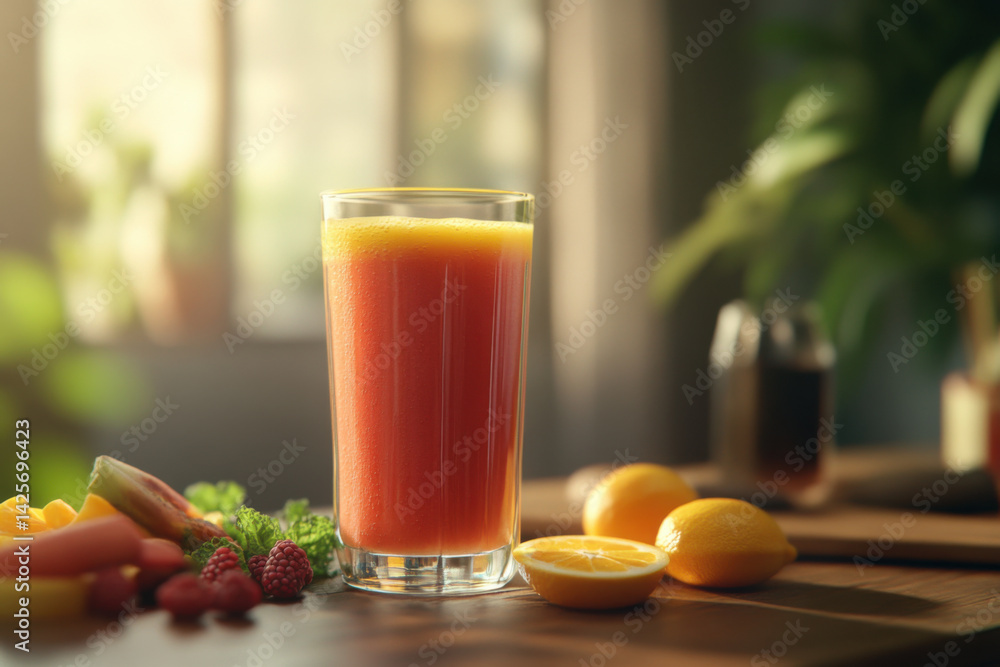 Glass of freshly squeezed fruit juice illuminating a healthy lifestyle Glass of freshly squeezed fruit juice illuminating a healthy lifestyle