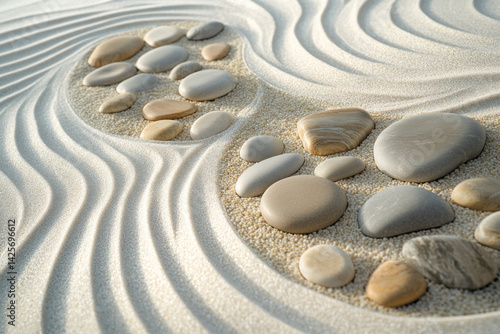 Smooth river stones dividing white sand in a japanese zen garden