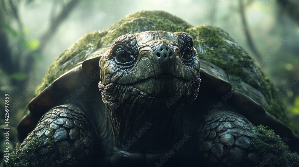 Fototapeta premium Mossy tortoise in rainforest, close-up.