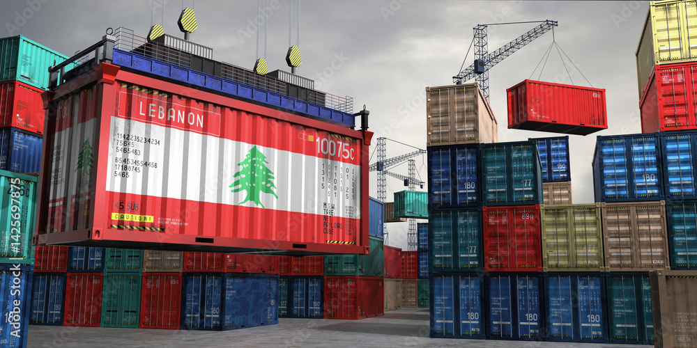 Fototapeta premium Cargo container with flag of Lebanon lifted by crane at freight terminal - 3D illustration
