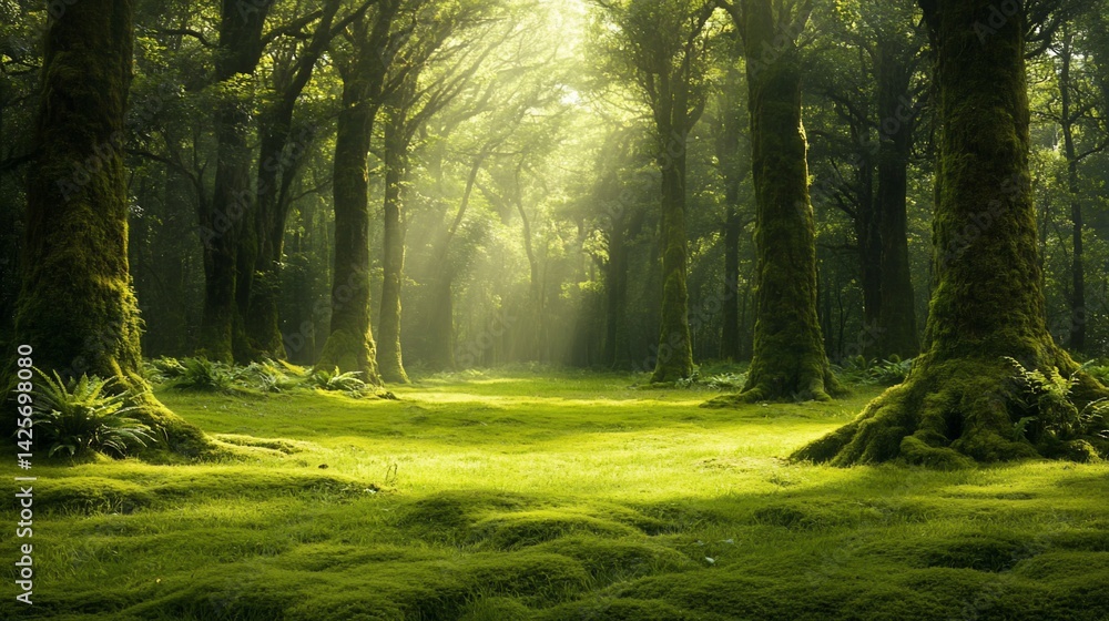 Obraz premium Mossy forest floor, light filtering through trees, creating magical woodland scene