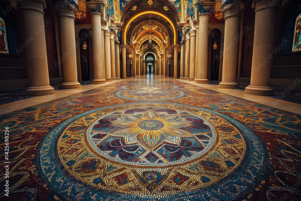 Obraz premium Luxurious mosaic floor stretching through ornate hallway with columns