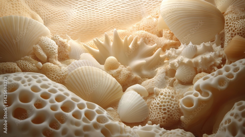 The intricate designs of seashells on the ocean floor, representing marine biodiversity, The intricate designs of seashells on the ocean floor, representing marine biodiversity,