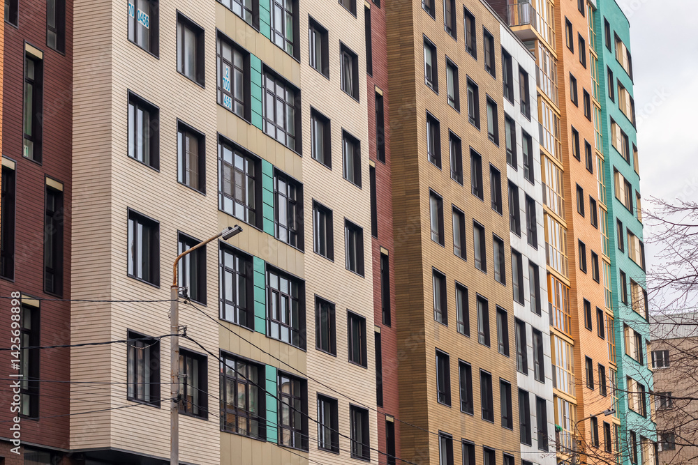 The residential building is painted in bright colors The residential building is painted in bright colors