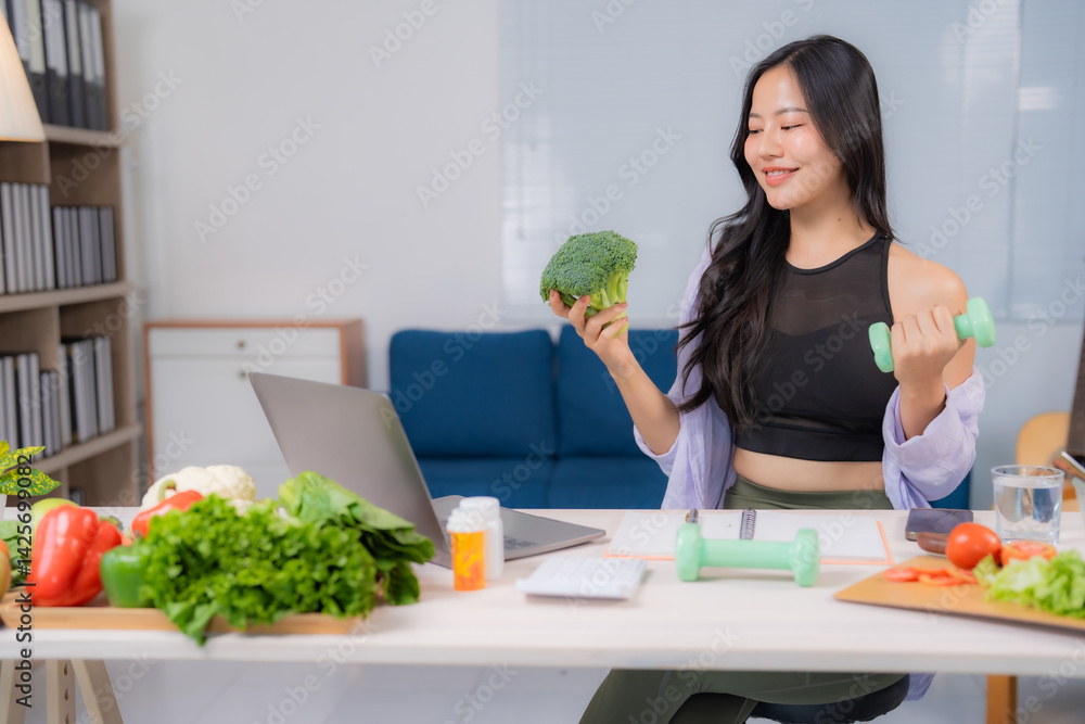 Asian nutritionist holding broccoli and a dumbbell while promoting healthy eating and an active lifestyle during an online consultation at a desk with fresh vegetables Asian nutritionist holding broccoli and a dumbbell while promoting healthy eating and an active lifestyle during an online consultation at a desk with fresh vegetables