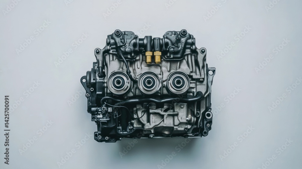 Close-up overhead shot of a disassembled engine block, showcasing its intricate components and mechanical details against a neutral background.